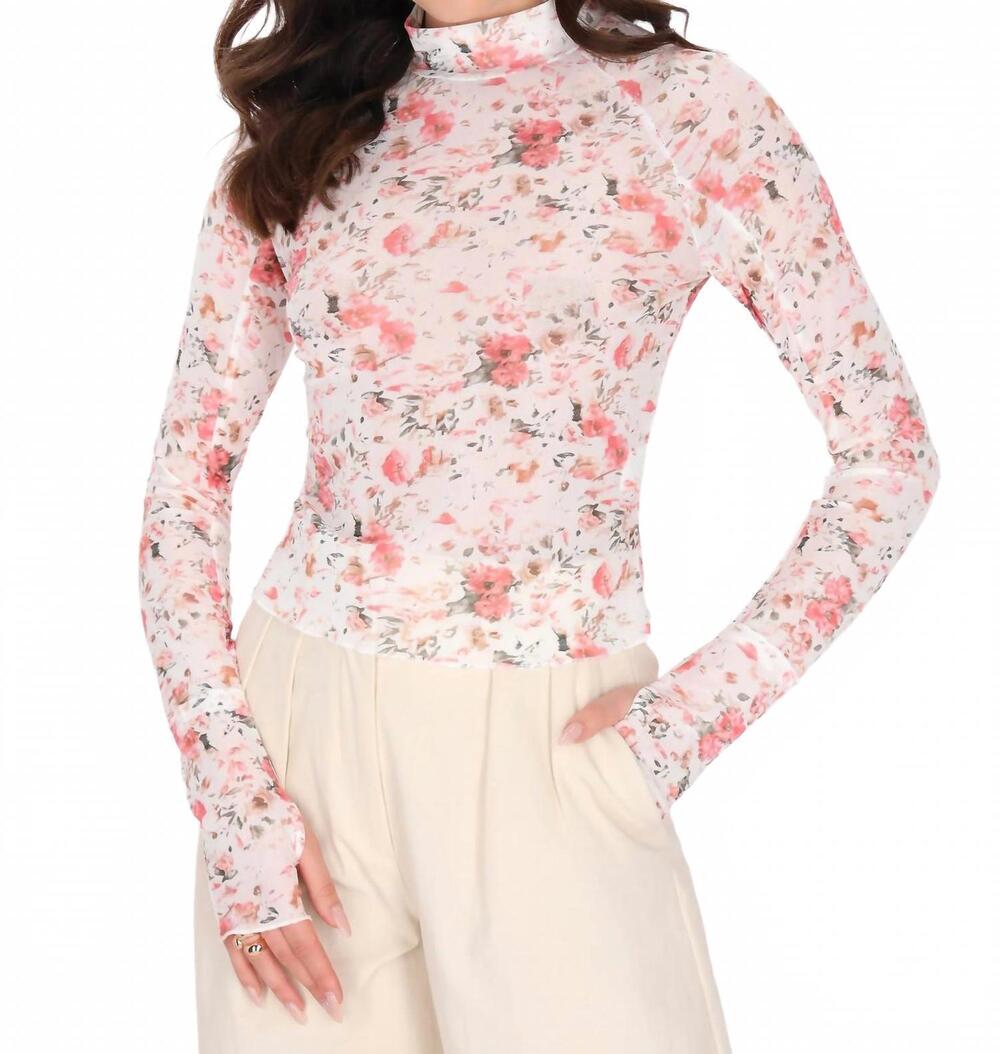 NEW PRETTY BASH floral mesh mock neck top in pink